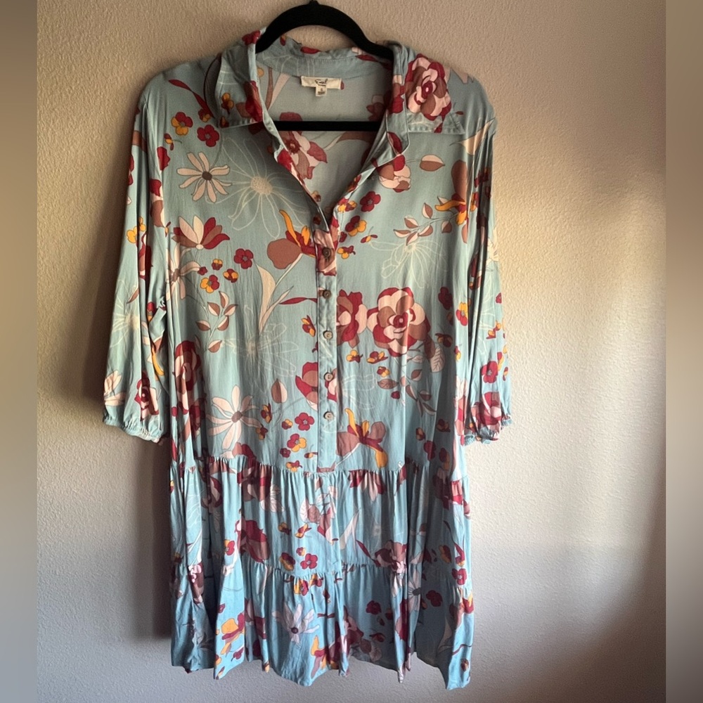 Easel Floral Long Sleeve Dress - Blue and Pink
